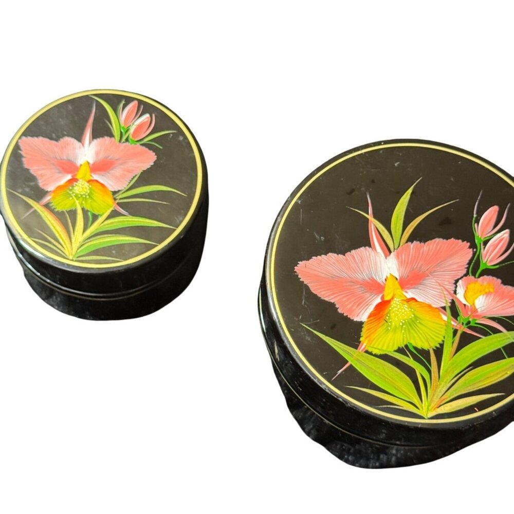 Hand-Painted Floral Black Lacquer Trinket Boxes Set Of 2 With Lids - Decorative